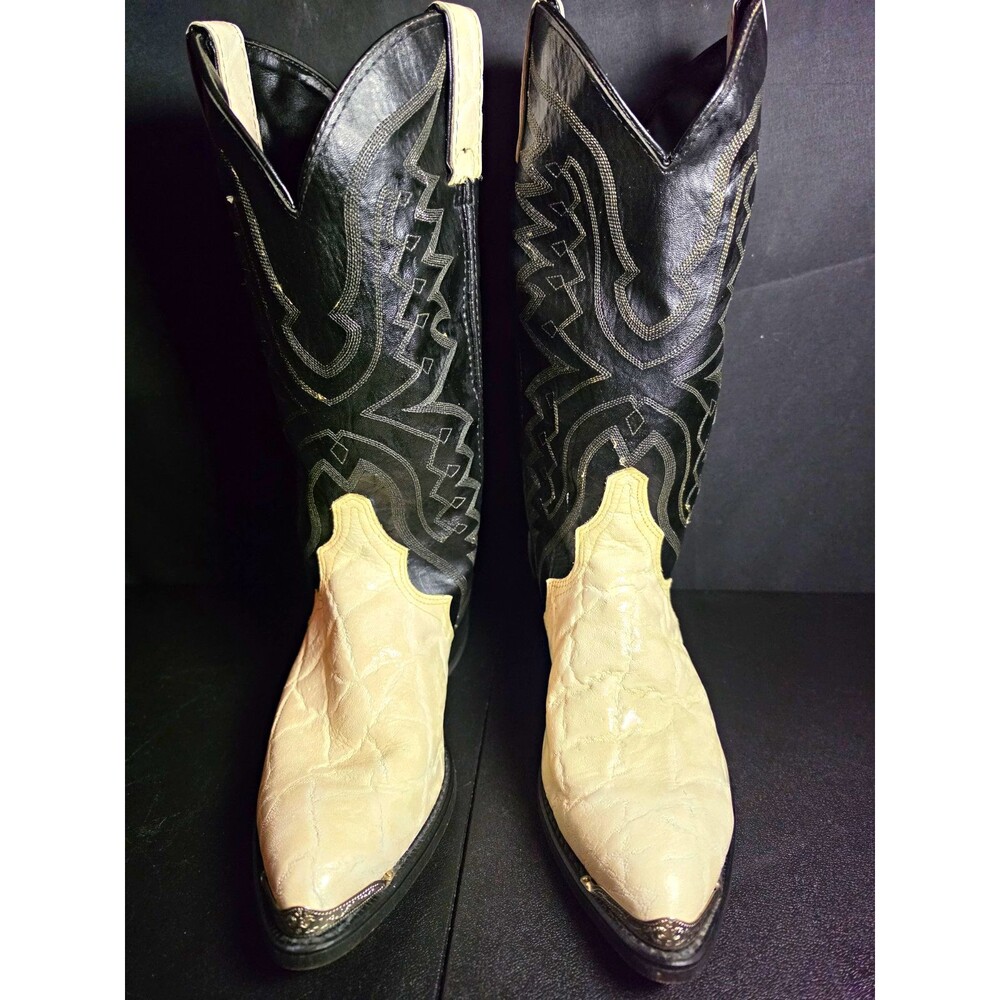 Vintage Texas Cowboy Boots Mens 9 EE USA Made Black Ivory Leather Western